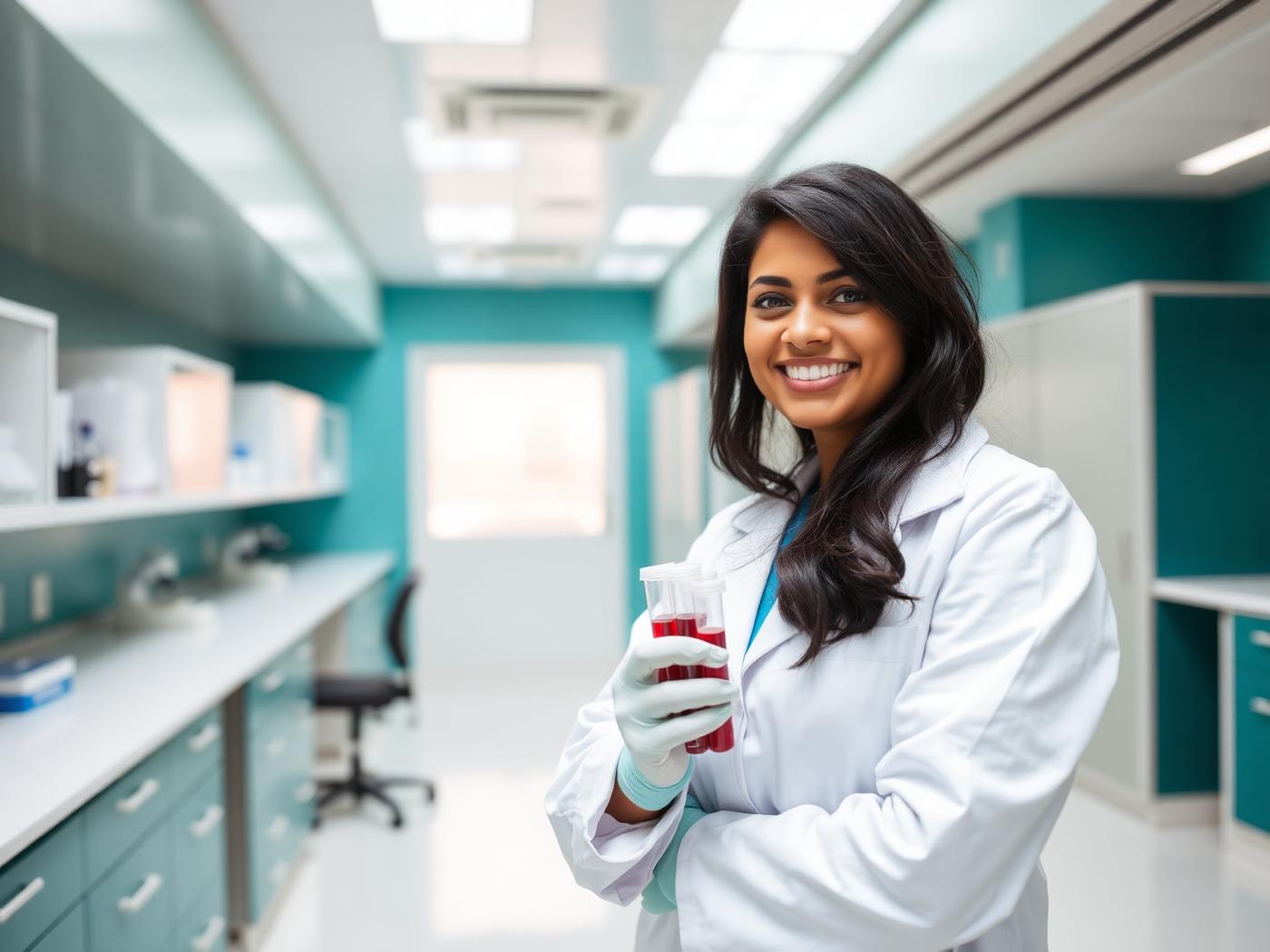 Laboratory technician at SSPL Diagnostics Center, Betiyahata, Gorakhpur, holding blood sample tubes